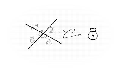 An illustration to represent the removal of a centralised team to save money. All of the things assoicated with a centralised team (code, design, documentation and people) is crossed out with an arrow pointing to a big bag of money