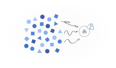 An illustation to represent a federated design system. There are several different sized and colored shapes randomly scattered. There are three arrows all pointing towards a single point to represent the shared system. On the system is an big exclamation mark, warning triangle