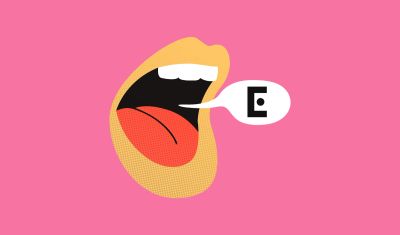 An illustration of an open mouth, with a speech bubble containing the Encore logo