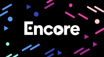 The word Encore in white sits on a black background, surrounded by multi-colored shapes