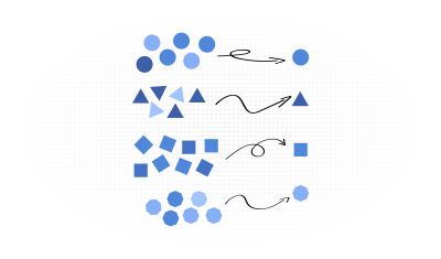 An illustration to represent the consolidation of different components into a single component. There are four rows of shapes, each row contains different colored shapes with an arrow pointing to a single shape at the end of each row